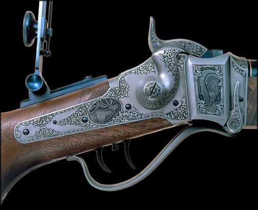 An 1874 Sharps rifle with scenes of an elk and bison.
